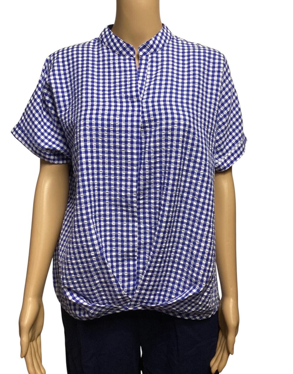 Jade Melody Tam Gingham Twist Front Blouse Split Neck Blue White Short Sleeve XL